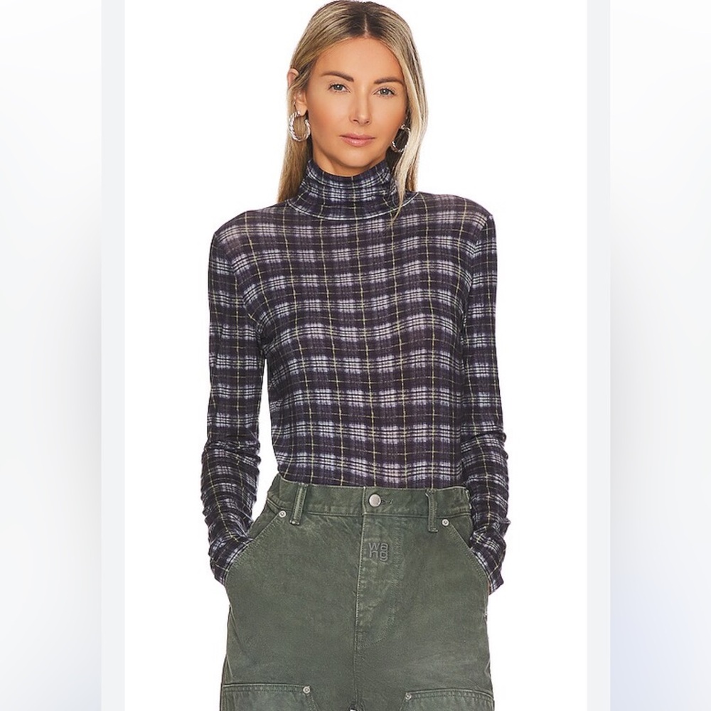 VINCE Plaid Printed Long Sleeve Turtleneck in Coastal Size XS